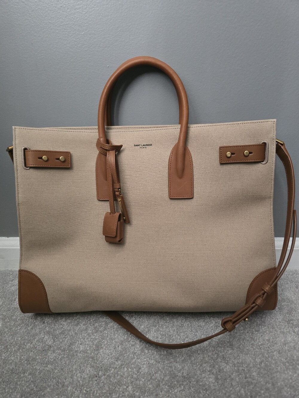 Saint Laurent- YSL- Beige Canvas Sac De Jour Large Tote Bag